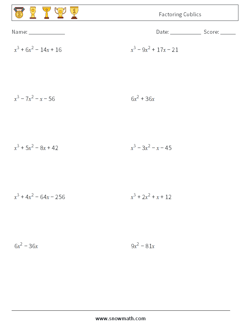 Factoring Cublics Maths Worksheets 6