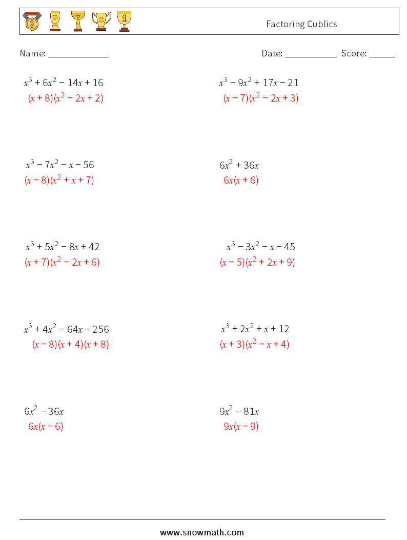 Factoring Cublics Math Worksheets 6 Question, Answer