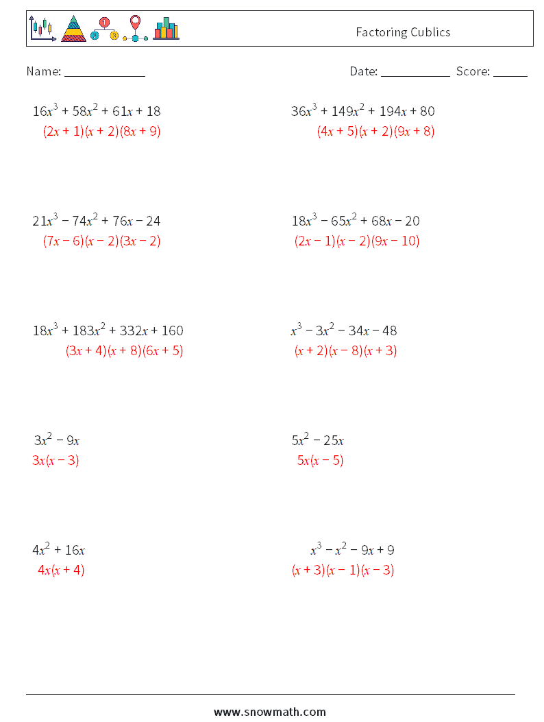 Factoring Cublics Math Worksheets 8 Question, Answer