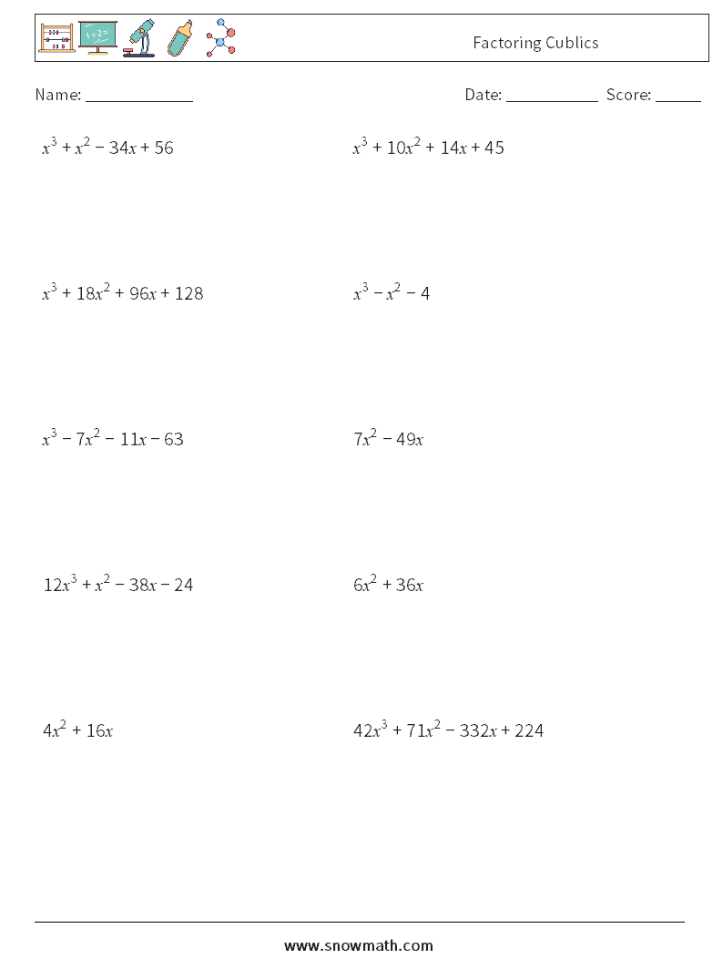 Factoring Cublics Math Worksheets 9