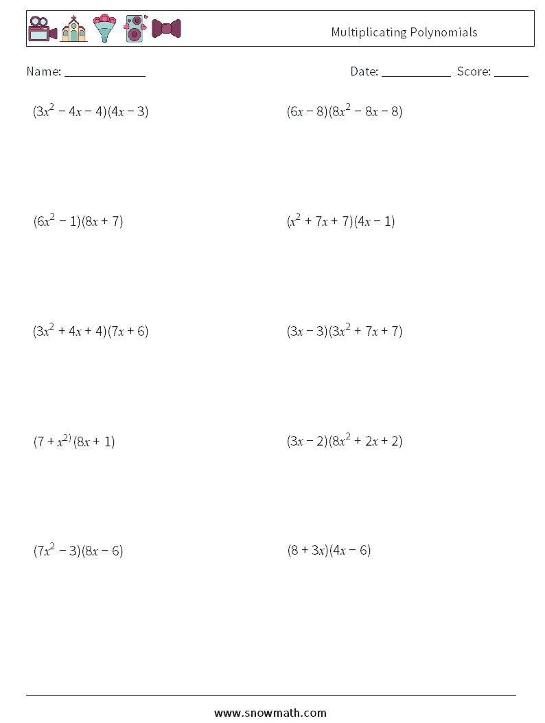 Multiplicating Polynomials Math Worksheets 1