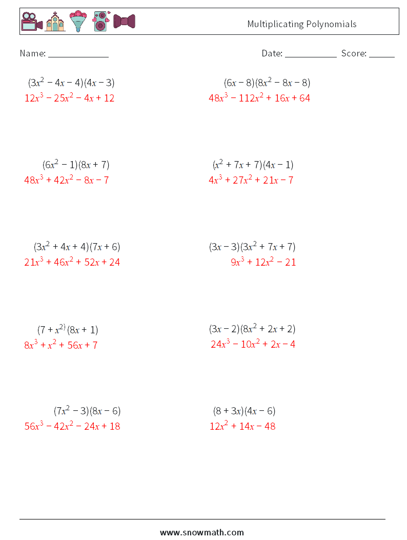 Multiplicating Polynomials Math Worksheets 1 Question, Answer