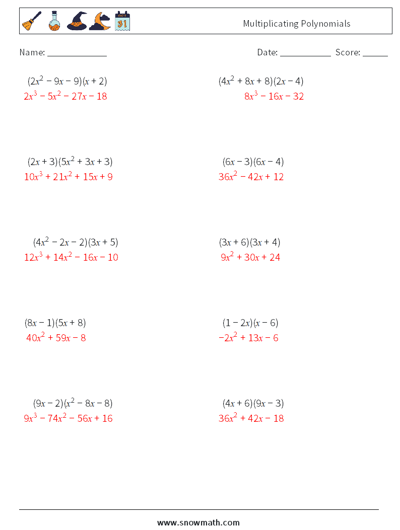 Multiplicating Polynomials Math Worksheets 2 Question, Answer