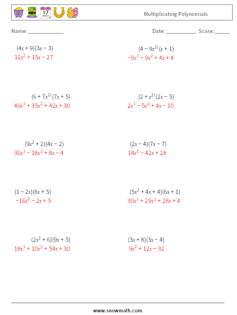 Multiplicating Polynomials Math Worksheets 3 Question, Answer