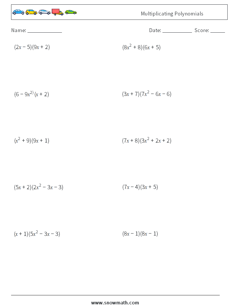 Multiplicating Polynomials Math Worksheets 4