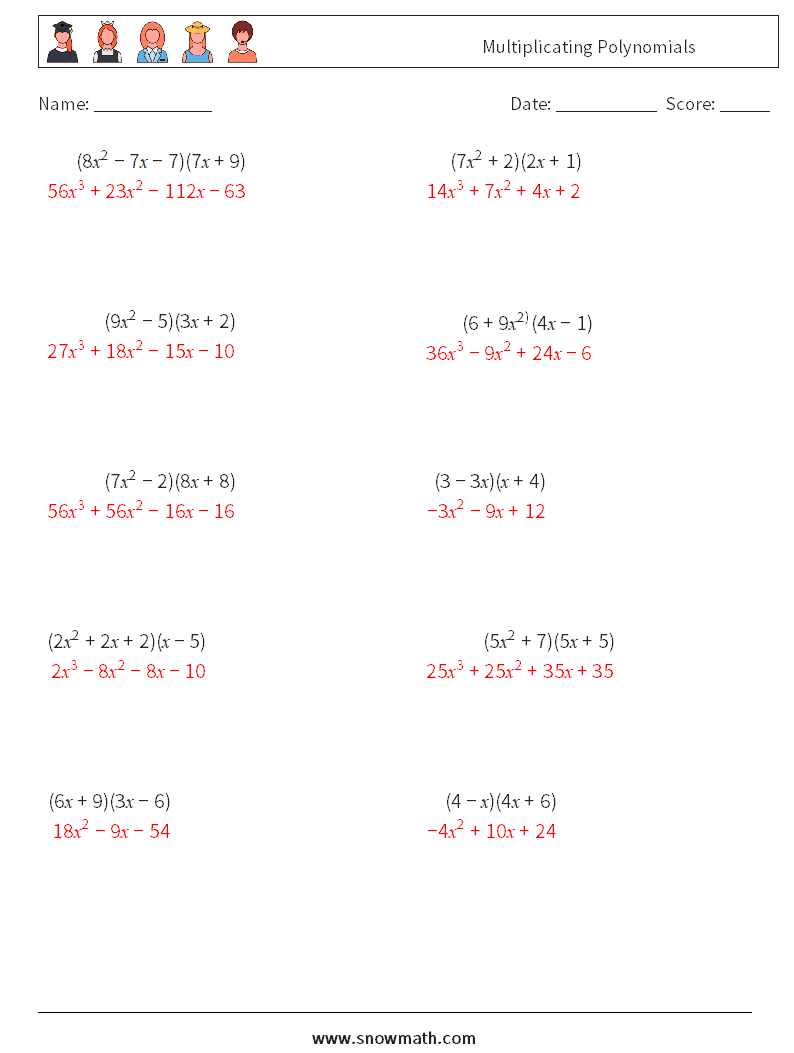 Multiplicating Polynomials Math Worksheets 5 Question, Answer