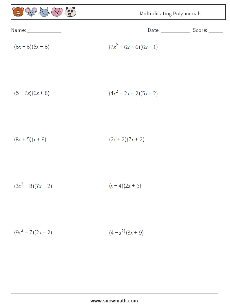 Multiplicating Polynomials Maths Worksheets 6