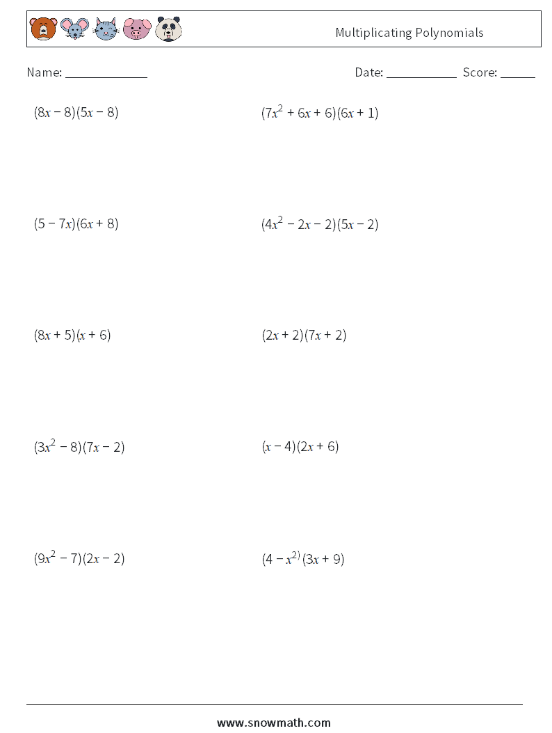 Multiplicating Polynomials Math Worksheets 6