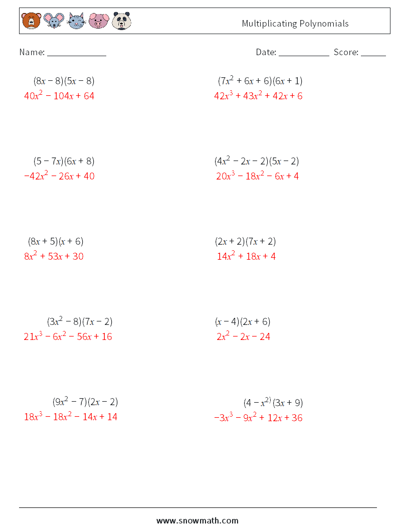 Multiplicating Polynomials Math Worksheets 6 Question, Answer