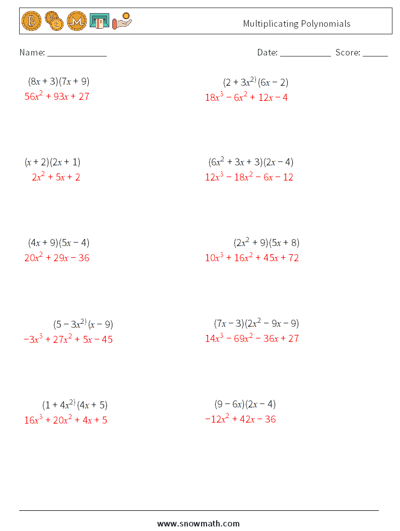 Multiplicating Polynomials Math Worksheets 7 Question, Answer