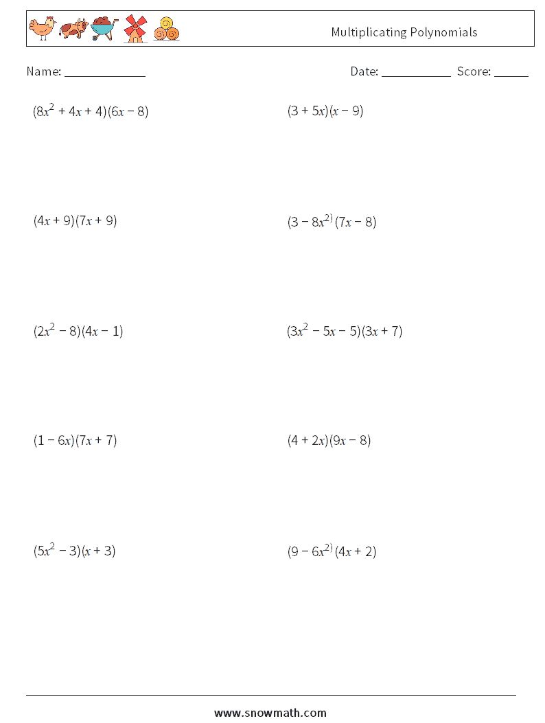Multiplicating Polynomials Math Worksheets 8