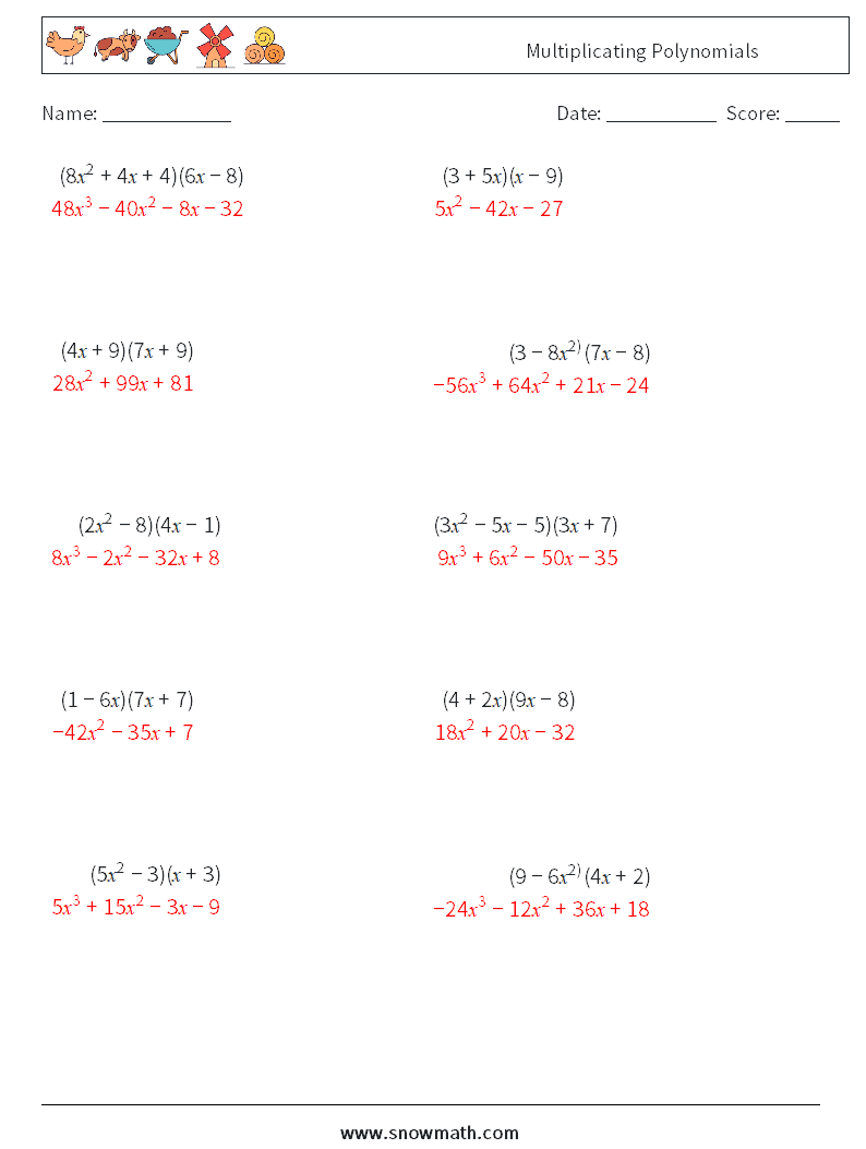 Multiplicating Polynomials Math Worksheets 8 Question, Answer