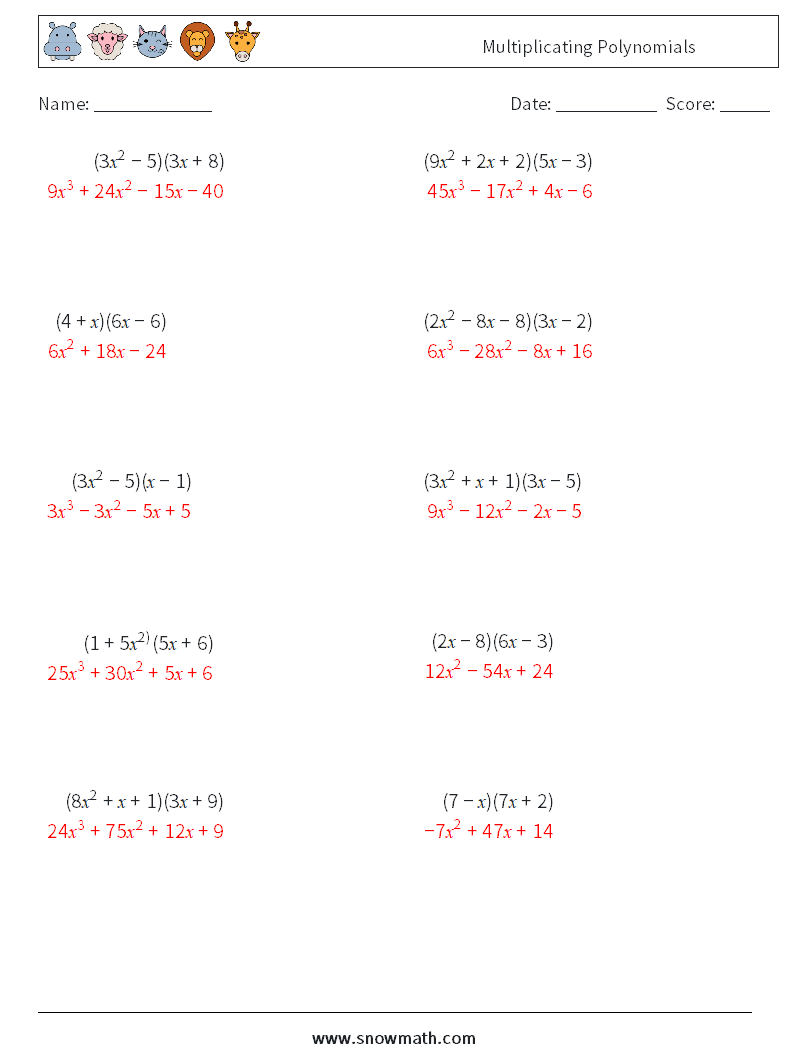 Multiplicating Polynomials Math Worksheets 9 Question, Answer