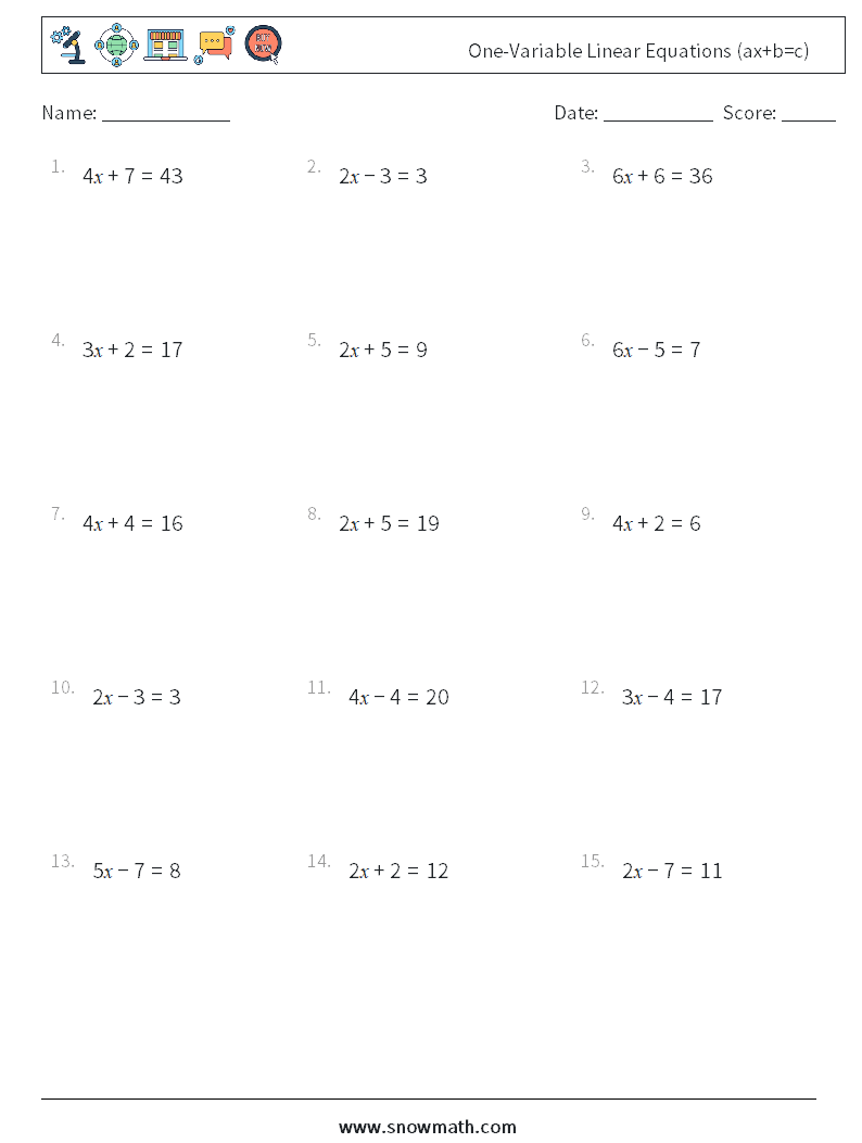 One-Variable Linear Equations (ax+b=c) Maths Worksheets 1