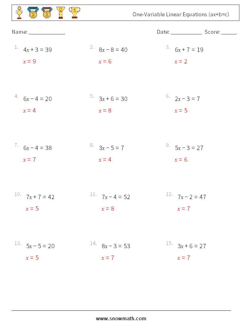One-Variable Linear Equations (ax+b=c) Math Worksheets 10 Question, Answer