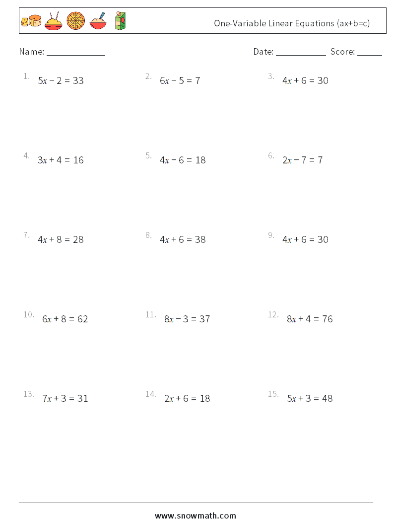 One-Variable Linear Equations (ax+b=c) Math Worksheets 11