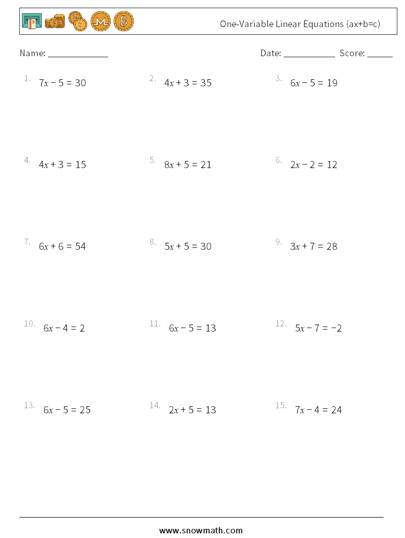 One-Variable Linear Equations (ax+b=c) Math Worksheets 12