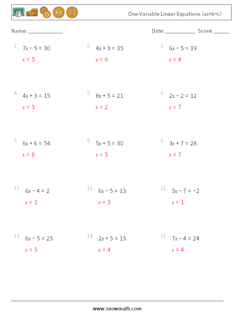 One-Variable Linear Equations (ax+b=c) Math Worksheets 12 Question, Answer