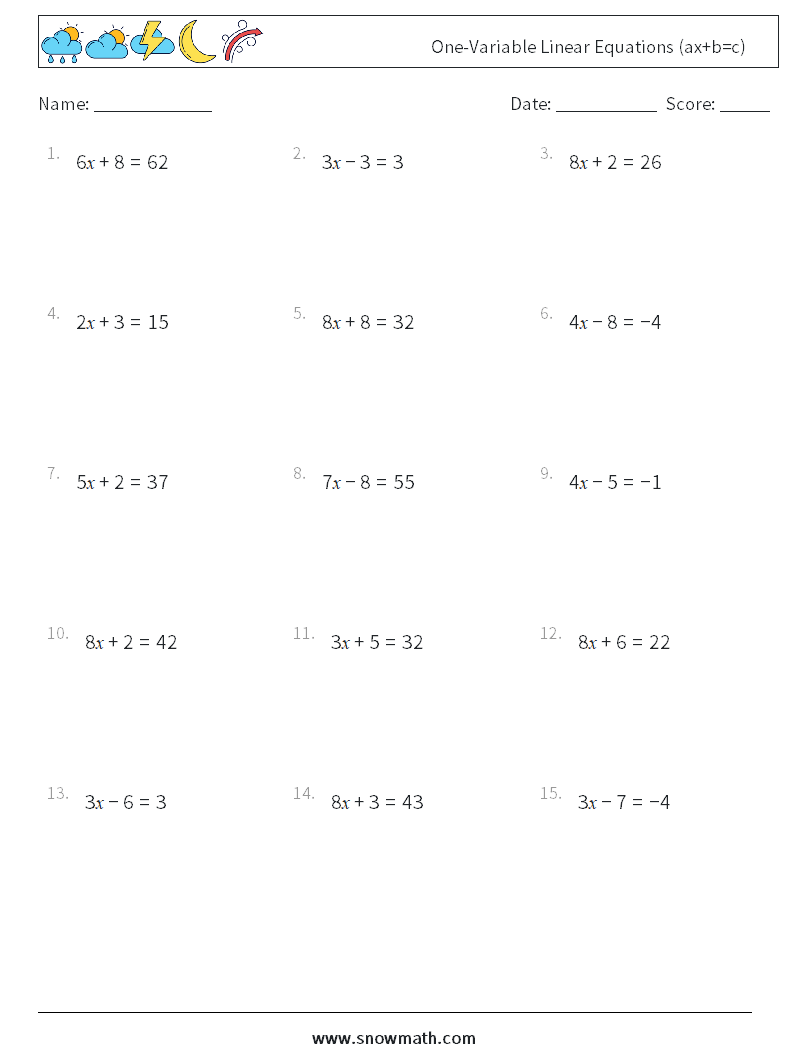 One-Variable Linear Equations (ax+b=c) Maths Worksheets 13