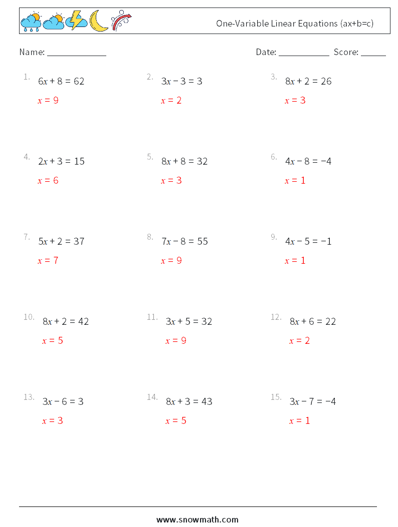 One-Variable Linear Equations (ax+b=c) Math Worksheets 13 Question, Answer