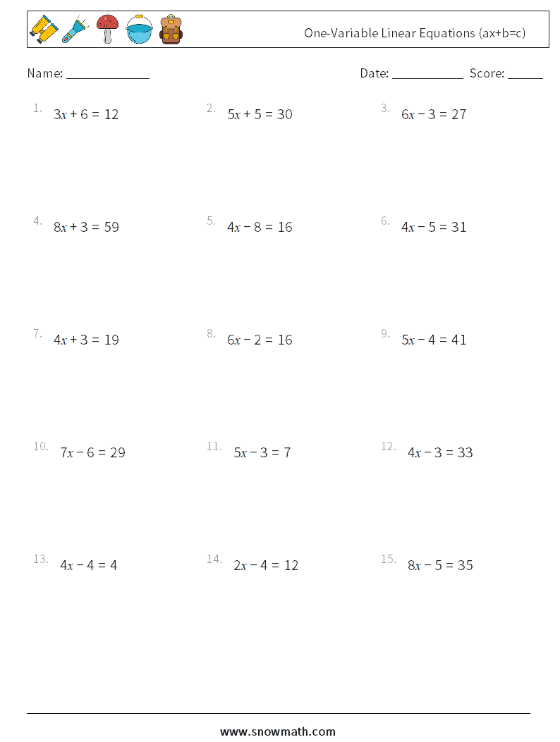 One-Variable Linear Equations (ax+b=c) Maths Worksheets 14
