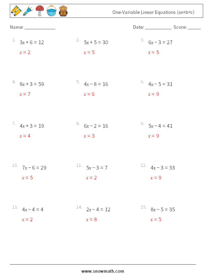One-Variable Linear Equations (ax+b=c) Math Worksheets 14 Question, Answer
