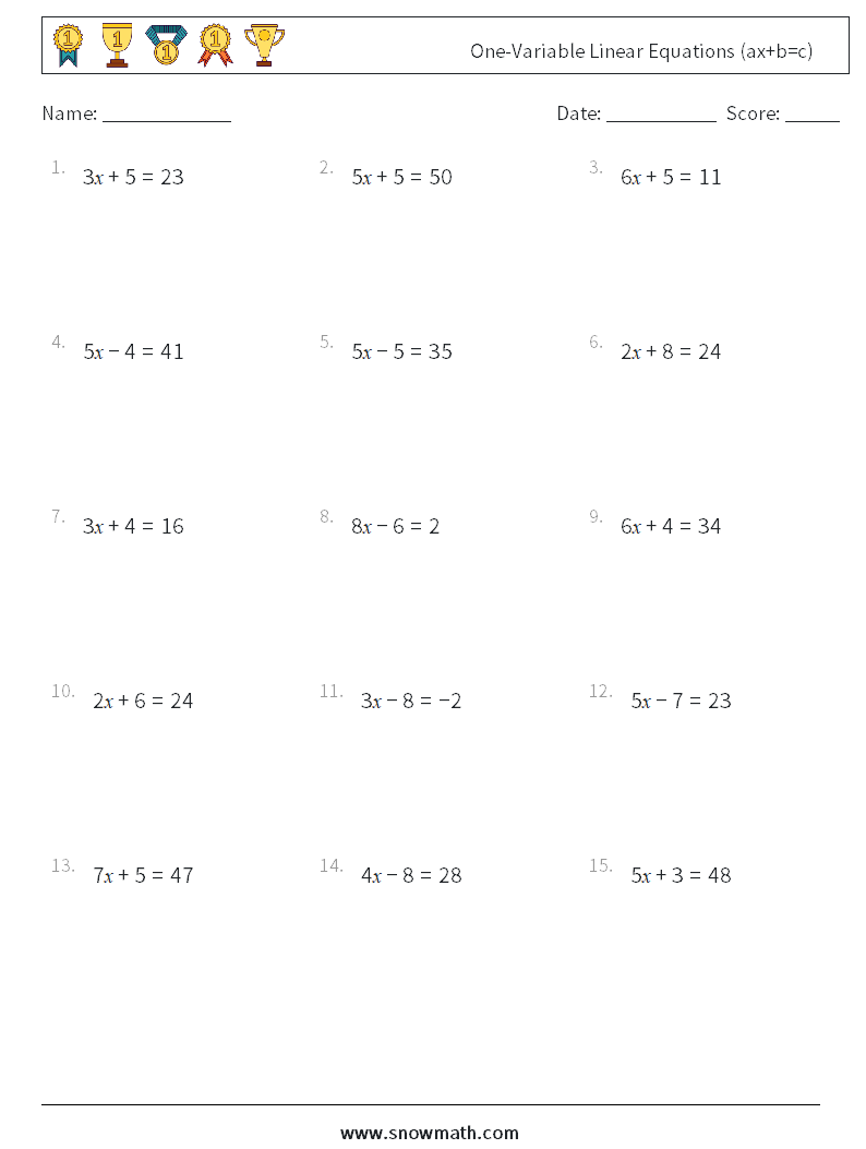 One-Variable Linear Equations (ax+b=c) Math Worksheets 15