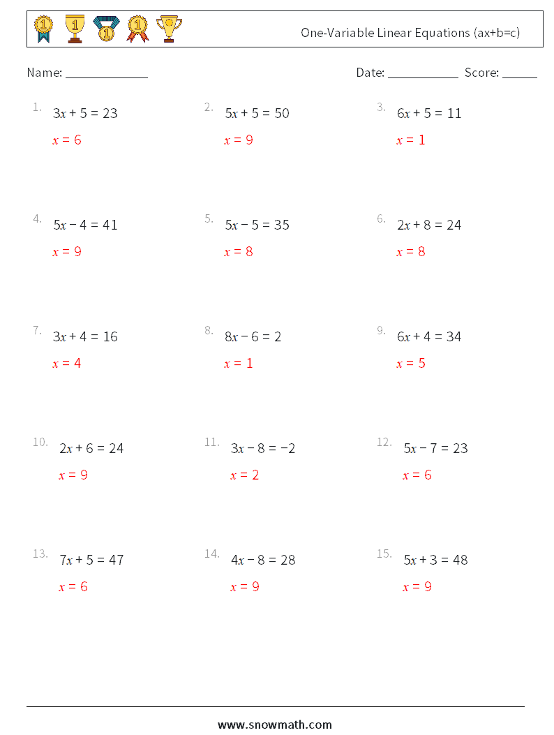 One-Variable Linear Equations (ax+b=c) Math Worksheets 15 Question, Answer