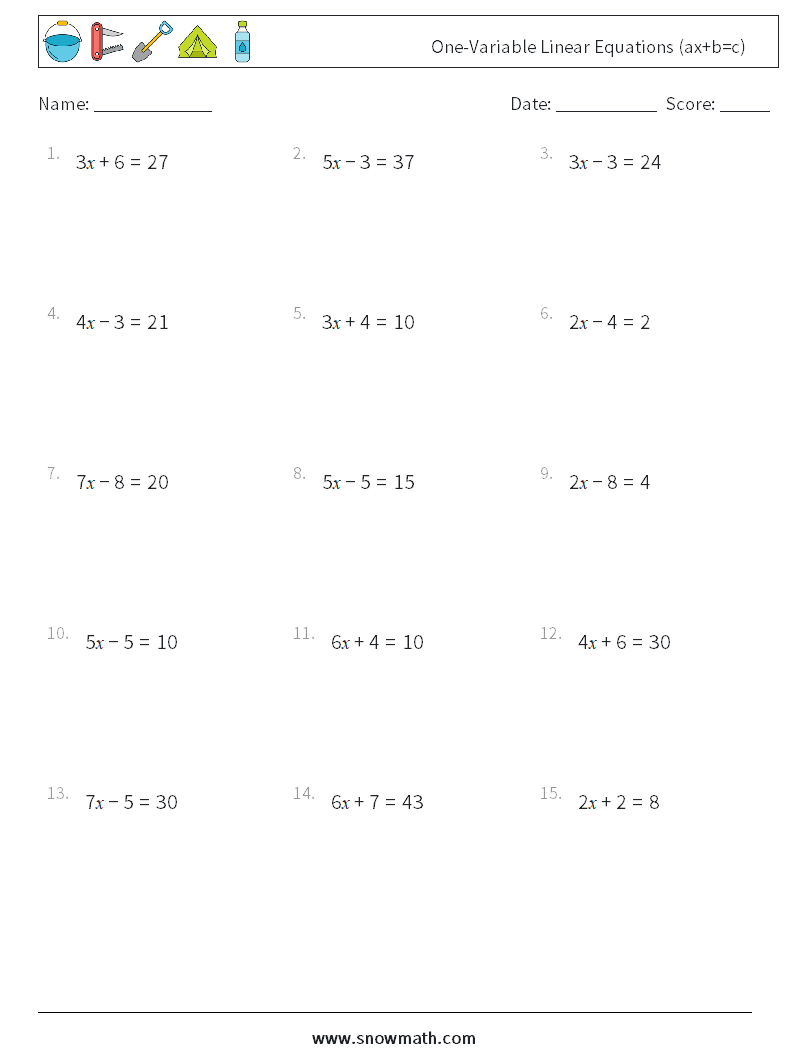 One-Variable Linear Equations (ax+b=c) Math Worksheets 16
