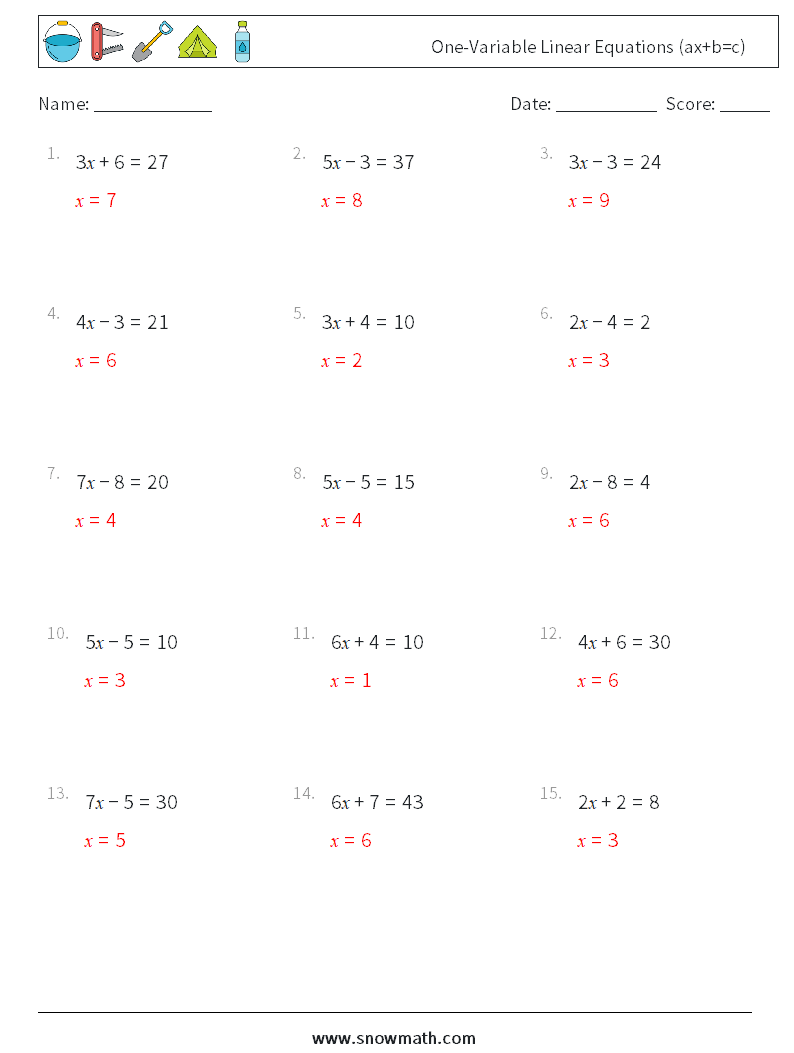 One-Variable Linear Equations (ax+b=c) Math Worksheets 16 Question, Answer
