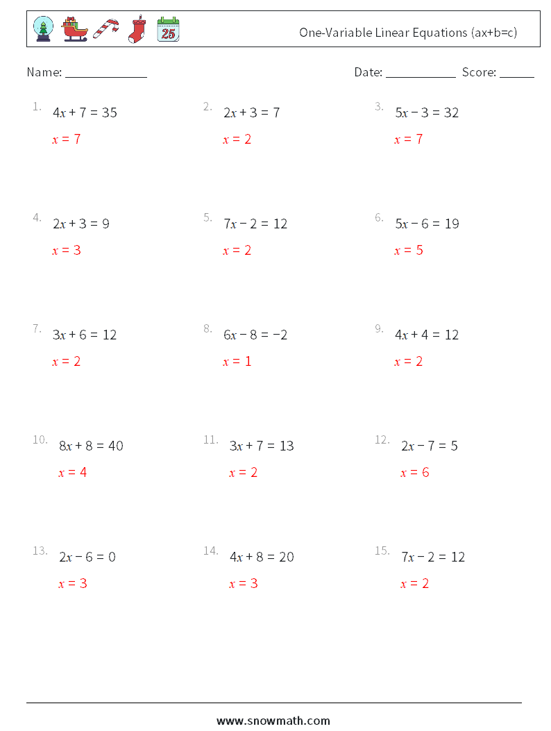 One-Variable Linear Equations (ax+b=c) Math Worksheets 17 Question, Answer