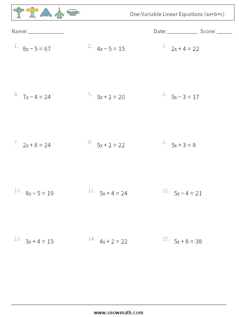 One-Variable Linear Equations (ax+b=c) Math Worksheets 18