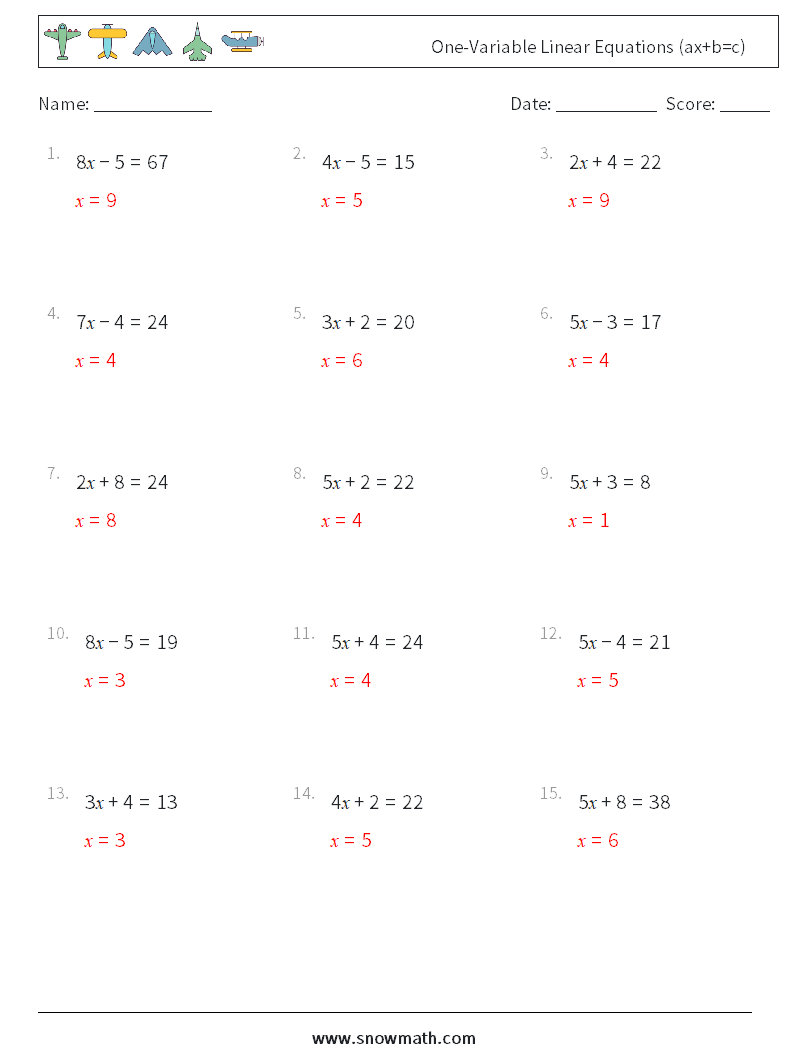 One-Variable Linear Equations (ax+b=c) Math Worksheets 18 Question, Answer