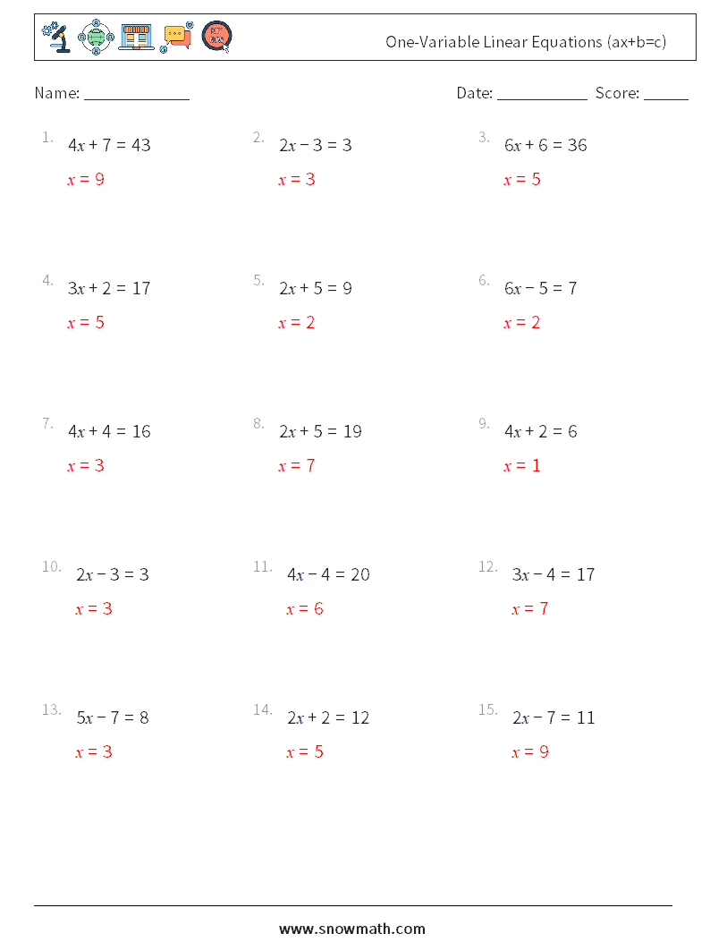 One-Variable Linear Equations (ax+b=c) Math Worksheets 1 Question, Answer