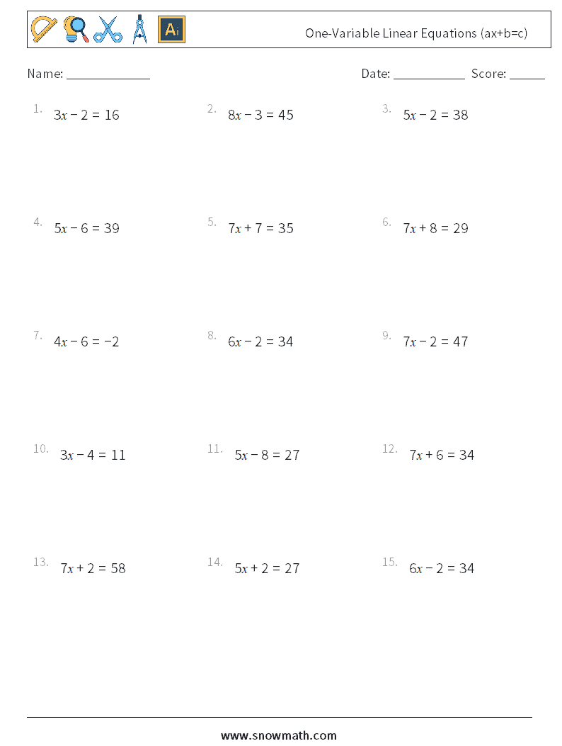 One-Variable Linear Equations (ax+b=c) Maths Worksheets 2