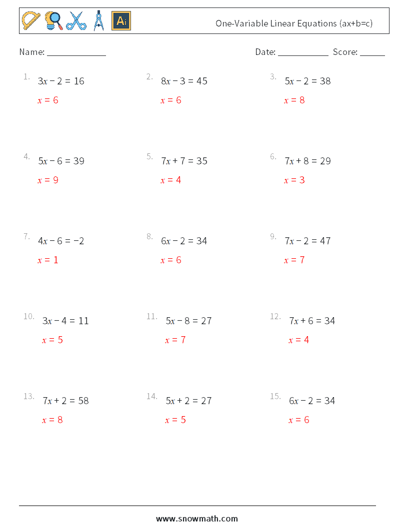 One-Variable Linear Equations (ax+b=c) Math Worksheets 2 Question, Answer