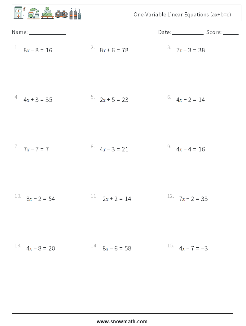 One-Variable Linear Equations (ax+b=c) Maths Worksheets 4