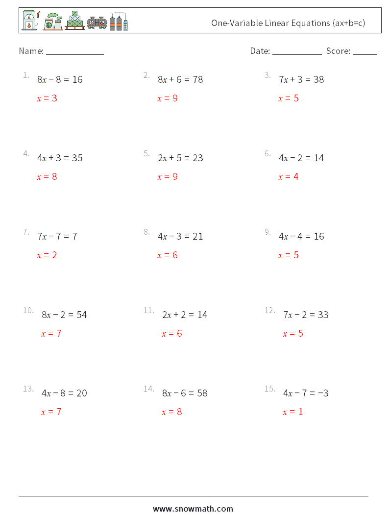 One-Variable Linear Equations (ax+b=c) Math Worksheets 4 Question, Answer