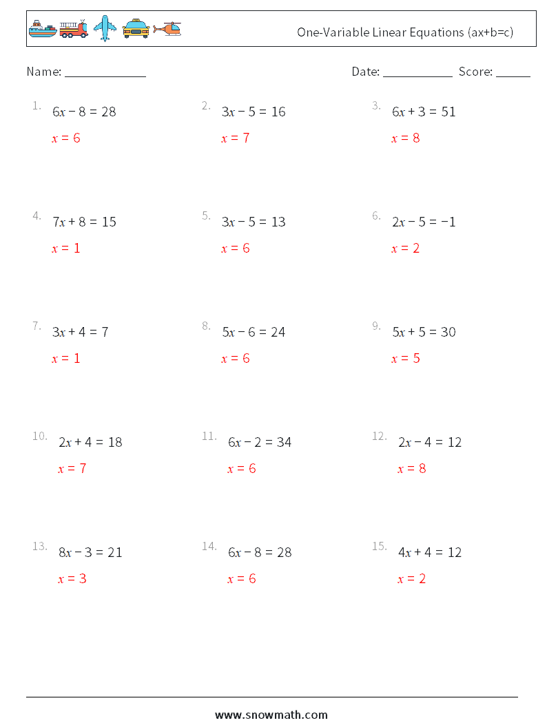 One-Variable Linear Equations (ax+b=c) Math Worksheets 5 Question, Answer