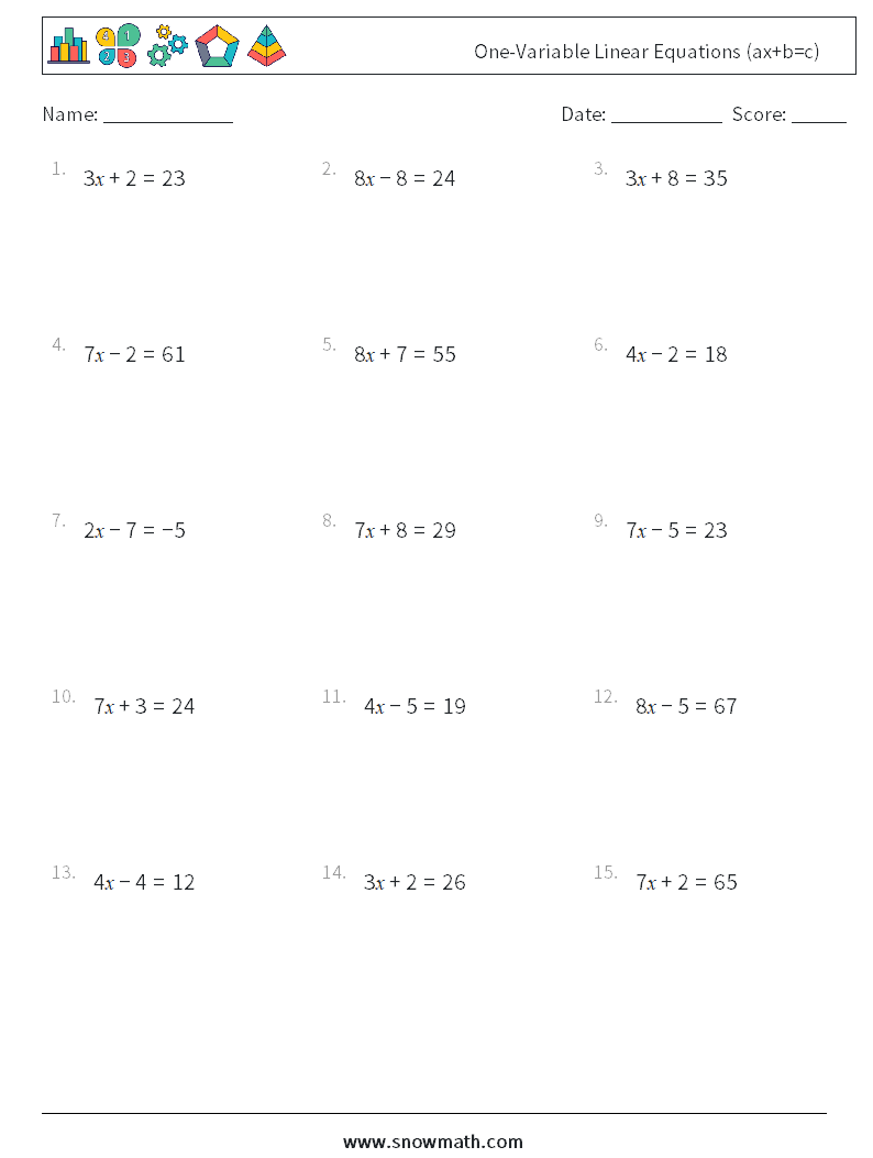 One-Variable Linear Equations (ax+b=c) Maths Worksheets 6