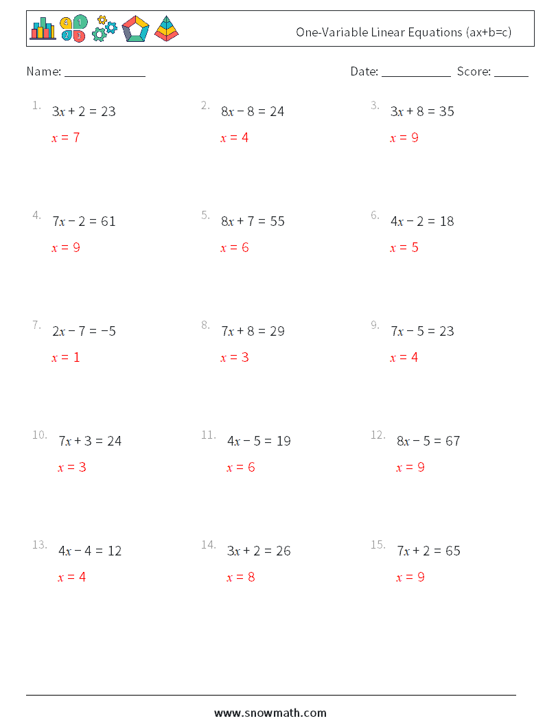 One-Variable Linear Equations (ax+b=c) Math Worksheets 6 Question, Answer