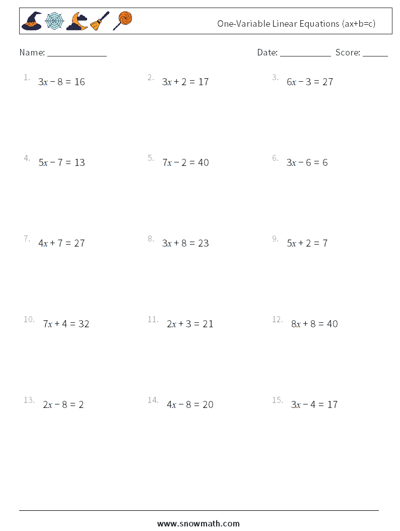 One-Variable Linear Equations (ax+b=c) Math Worksheets 7