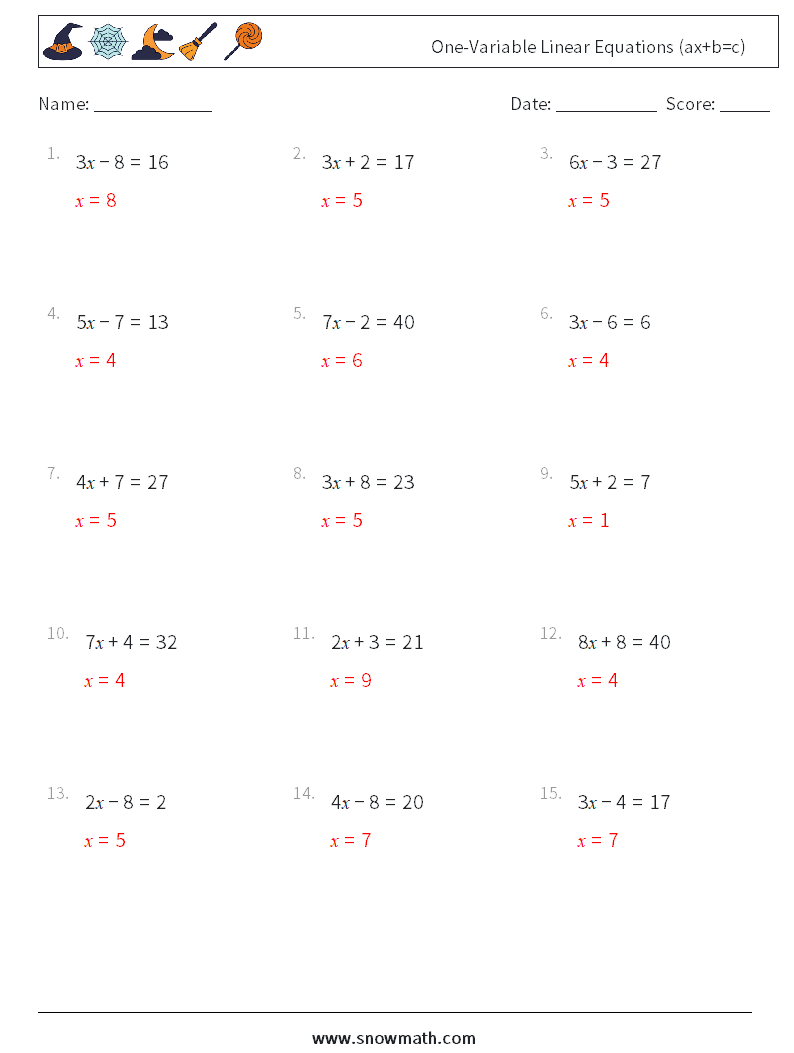 One-Variable Linear Equations (ax+b=c) Math Worksheets 7 Question, Answer