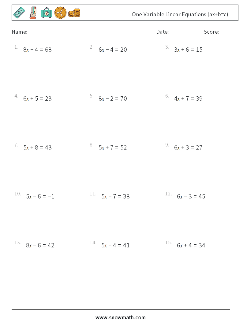One-Variable Linear Equations (ax+b=c) Math Worksheets 9
