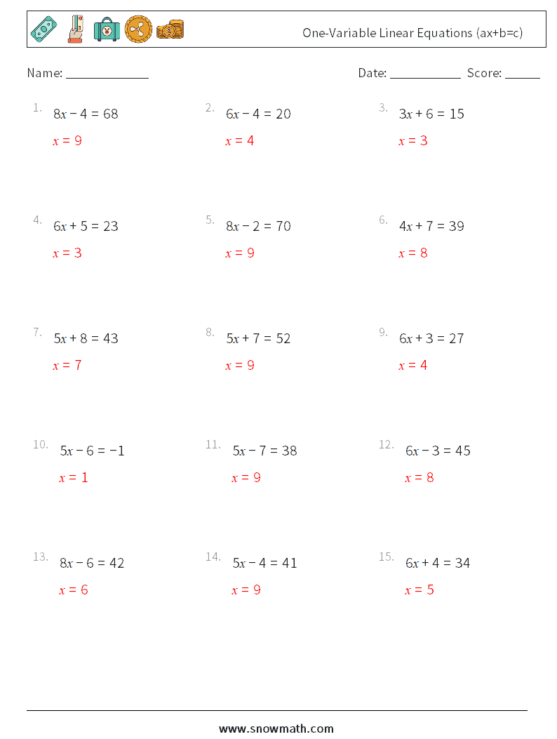 One-Variable Linear Equations (ax+b=c) Math Worksheets 9 Question, Answer