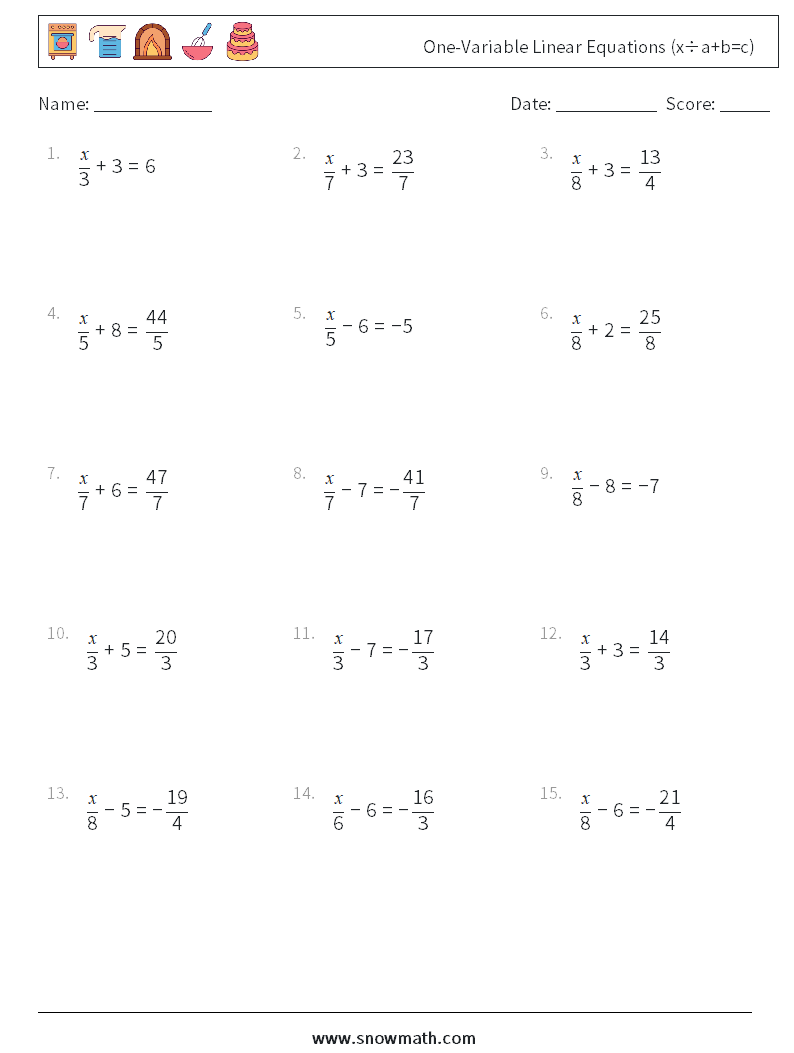 one-variable linear equations (x÷a+b=c) Math Worksheets, Math Throughout Writing Linear Equations Worksheet