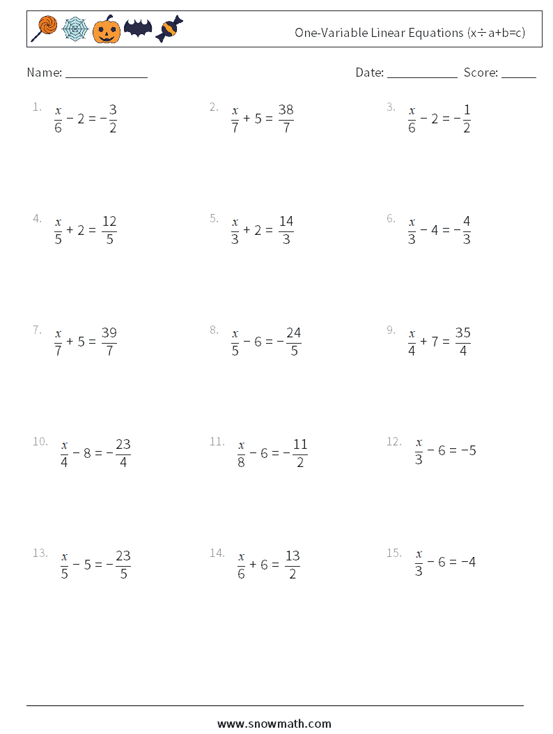 One-Variable Linear Equations (x÷a+b=c) Math Worksheets 10