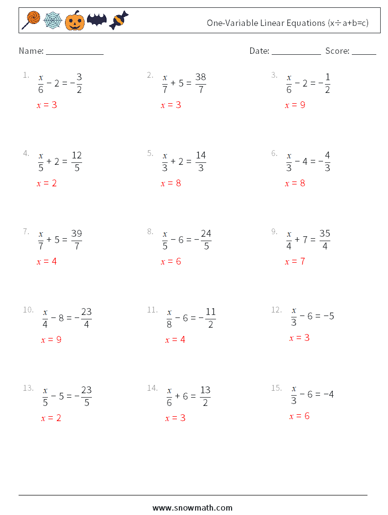 One-Variable Linear Equations (x÷a+b=c) Math Worksheets 10 Question, Answer