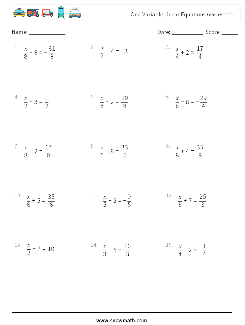 One-Variable Linear Equations (x÷a+b=c) Math Worksheets 11