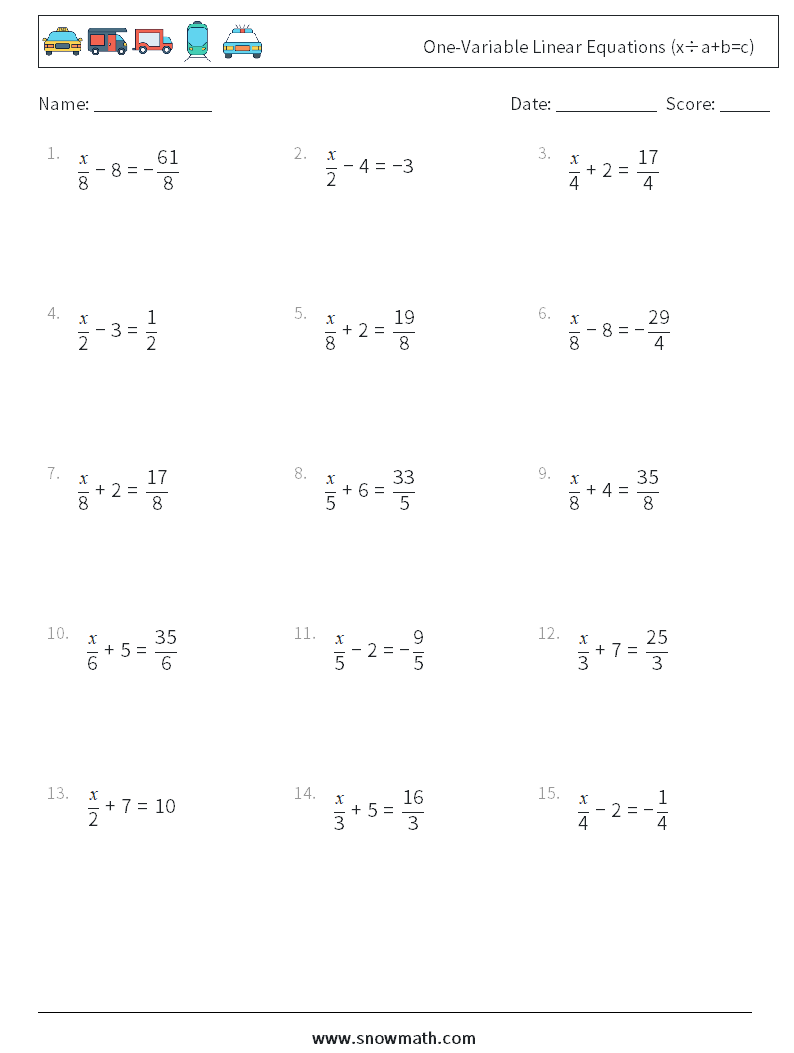 One-Variable Linear Equations (x÷a+b=c) Maths Worksheets 11